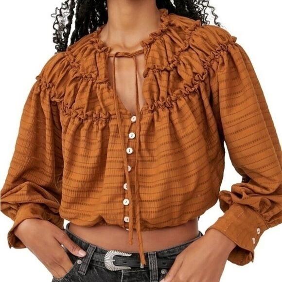 Free People Hailey Blouse Rust Brown Ruffled Women's Top peasant button down XS